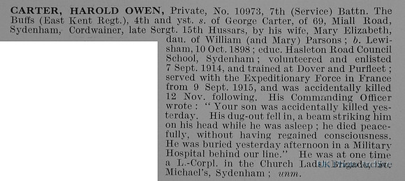 Carter H O Pte 10973 7th East Kent Regiment