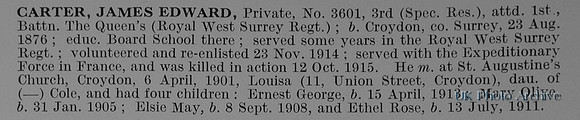 Carter J E Pte 3601 1st West Surrey Regiment