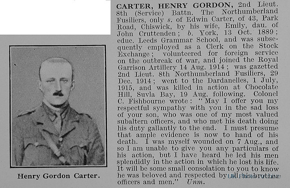 Carter H G 2nd Lt 8th Northumberland Fusiliers Obit