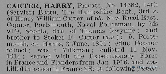 Carter H Pte 14382 14th Hampshire Regiment Obit