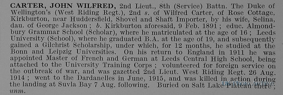 Carter J W 2nd Lt 8th West Riding Regiment