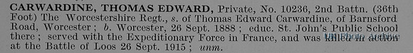 Carwardine T E Pte 10236 2nd Worcestershire Regiment