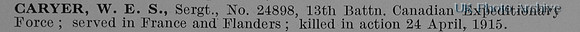 Caryer W E S Sergt 24898 13th Canadian Expeditionary Force