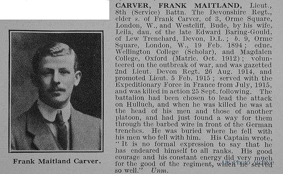 Carver F M Lt 8th Devonshire Regiment Obit