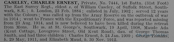 Caseley C E Pte 7444 1st East Surrey Regiment
