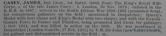 Casey J 2nd Lt 1st Kings Royal Rifle Corps