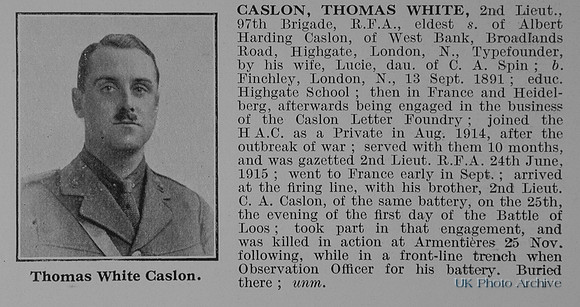 Caslon T W 2nd Lt Royal Field Artillery Obit