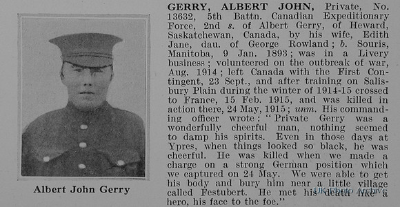 Gerry A J Pte 13632 5th Canadian Expeditionary Force Obit