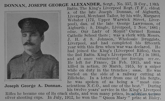 Donnan J G A Sergt 357 6th Kings Liverpool Regiment Obit