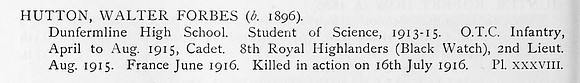 Hutton W F 2nd Lt 8th Black Watch Obit