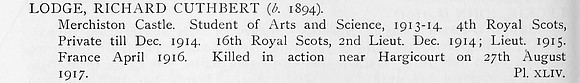 Lodge R C Lt  16th Royal Scots Obit