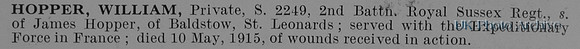 Hopper W Pte S2249 2nd Royal Sussex Regiment Obit