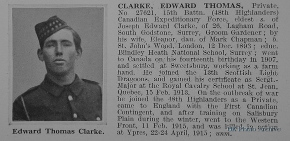 Clarke E T Pte 27261 15th Canadian Expeditionary Force Obit