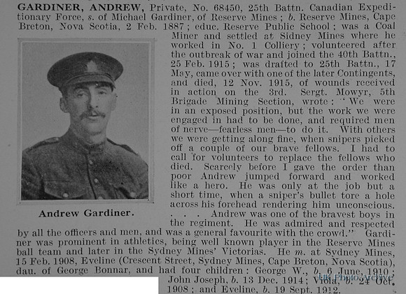 Gardiner A Pte 68450 25th Canadian Expeditionary Force Obit