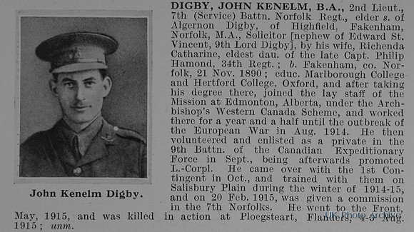 Digby J K 2nd Lt 7th Norfolk Regiment Obit