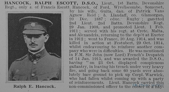 Hancock R E Lt DSO 1st Devonshire Regiment Obit Part 1