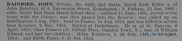 Rainbird J Pte 6365 2nd Royal Irish Rifles Obit