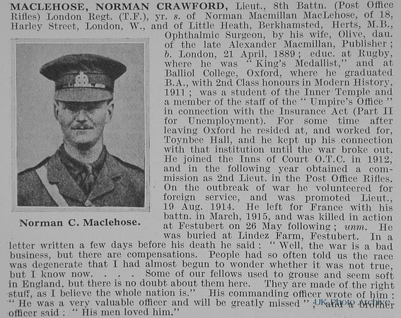 MacLehose N C Lt 8th London Regiment Obit