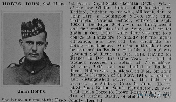 Hobbs J 2nd Lt 1st Royal Scots Obit