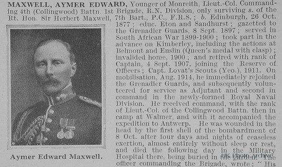 Maxwell A E Lt Col Collingwood Btn Royal Naval Division Obit Part 1