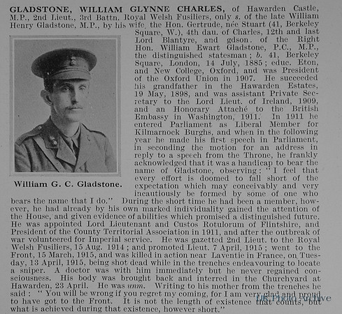 Gladstone W G C 2nd Lt 3rd Royal Welsh Fusiliers Obit