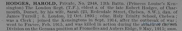 Hodges H Pte 2948 13th London Regiment Obit