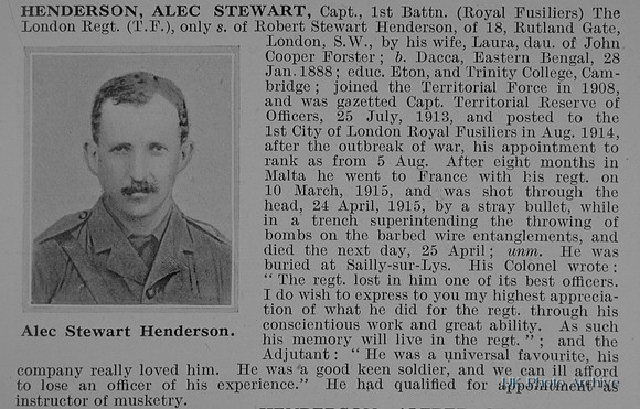 Henderson A S Captain 1st London Regiment Obit