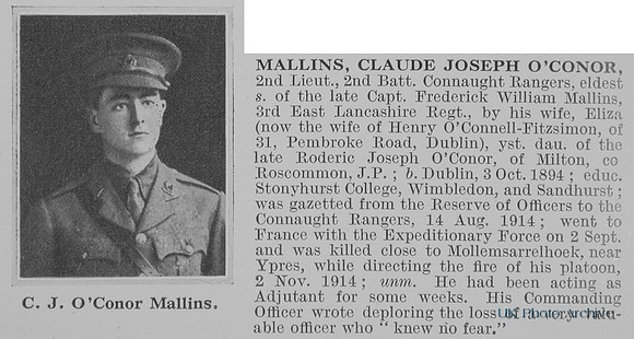 Mallins C J O 2nd Lt 2nd Connaught Rangers Obit