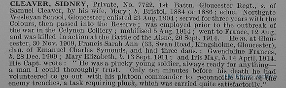 Cleaver S Pte 7722 1st Gloucestershire Regiment Obit