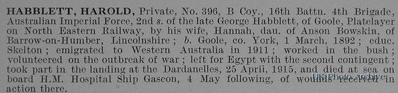 Habblett H Pte 396 16th Australian Imperial Force Obit