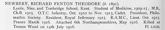 Newbery R F T Lt Royal Army Medical Corps Obit