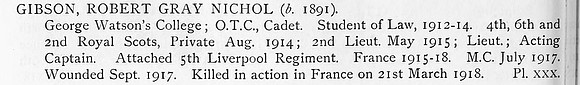 Gibson R G N Lt 6th Attd 2nd Royal Scots Obit