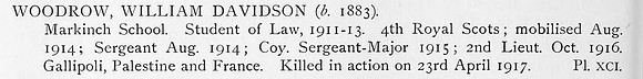 Woodrow W D 2nd Lt 4th Royal Scots Obit