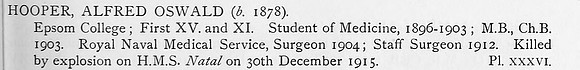 Hooper A O Staff Surgeon HMS Natal Royal Naval Medical Services Obit