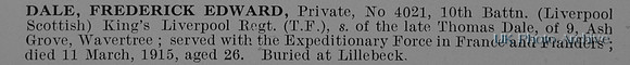 Dale F E Pte 4021 10th Kings Liverpool Regiment Obit