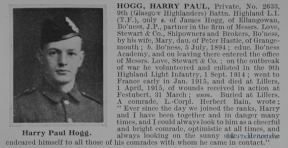 Hogg H P Pte 2633 9th Highland Light Infantry Obit