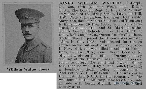 Jones W W L/Cpl 506 16th London Regiment Obit