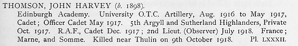 Thomson J H 2nd Lt Royal Air Force Obit