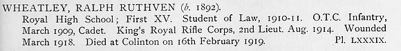 Wheatley R R 2nd Lt Kings Royal Rifle Corps Obit