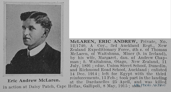 McLaren E A Pte 12-1740 3rd Auckland Regiment New Zealand Expeditionary Force Obit