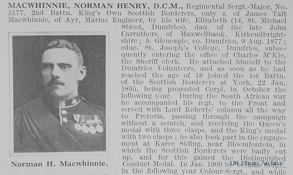 MacWhinnie N H Regt Sergt Maj DCM 5177 2nd Kings Own Scottish Borderers Obit Part 1