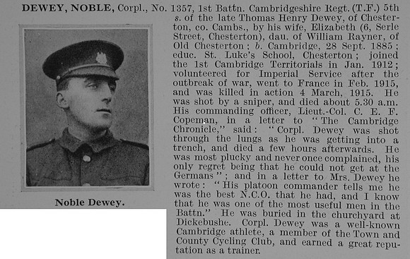 Dewey N Cpl 1357 1st Cambridgeshire Regiment Obit