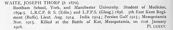 Waite J T Lt 5th East Kent Regiment Obit