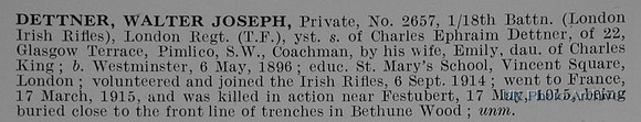 Dettner  J Pte 2657 18th London Regiment Obit