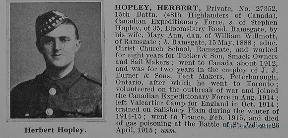 Hopley H Pte 27352 15th Canadian Expeditionary Force Obit