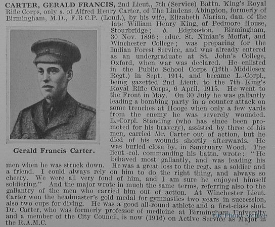Carter G F 2nd Lt 7th Kings Royal Rifle Corps Obit