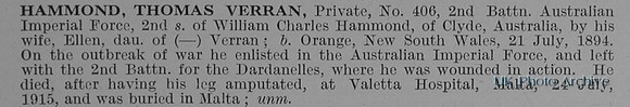 Hammond T V Pte 406 2nd Australian Imperial Force