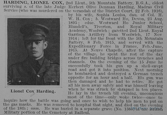 Harding L C 2nd Lt Royal Garrison Artillery Obit