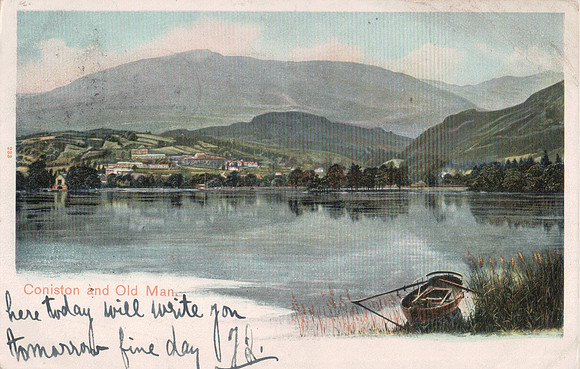 Postcard Of Coniston Water Lake District Sent To John Shentall Whittington Moor 1903