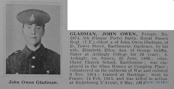 Gladman J O Pte 2874 5th Royal Sussex Regiment Obit